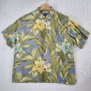 TOMMY BAHAMA Men's‎ Tropical Blue Green Leaf Floral Casual Silk Shirt Large